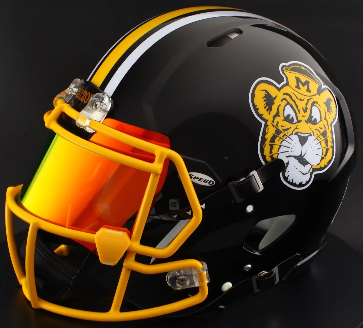 Missouri Tigers Riddell Replica Speed Football Helmet – Sailor Tiger, Yellow Factory Mask, Torch Visor, and Yellow Clips