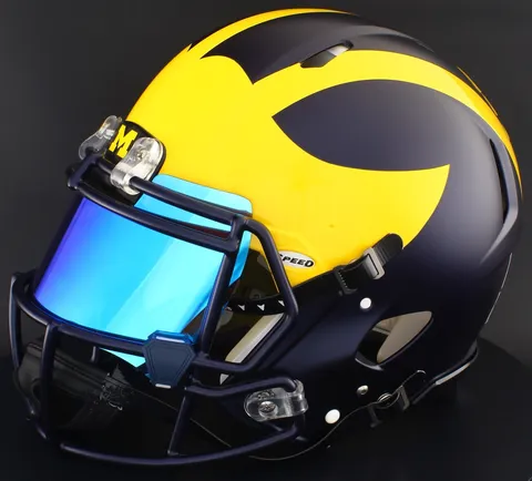 Michigan Wolverines Riddell Authentic Speed Football Helmet – Painted Wings, Navy Factory Mask, Ice Blue Visor, and Navy Blue Clips