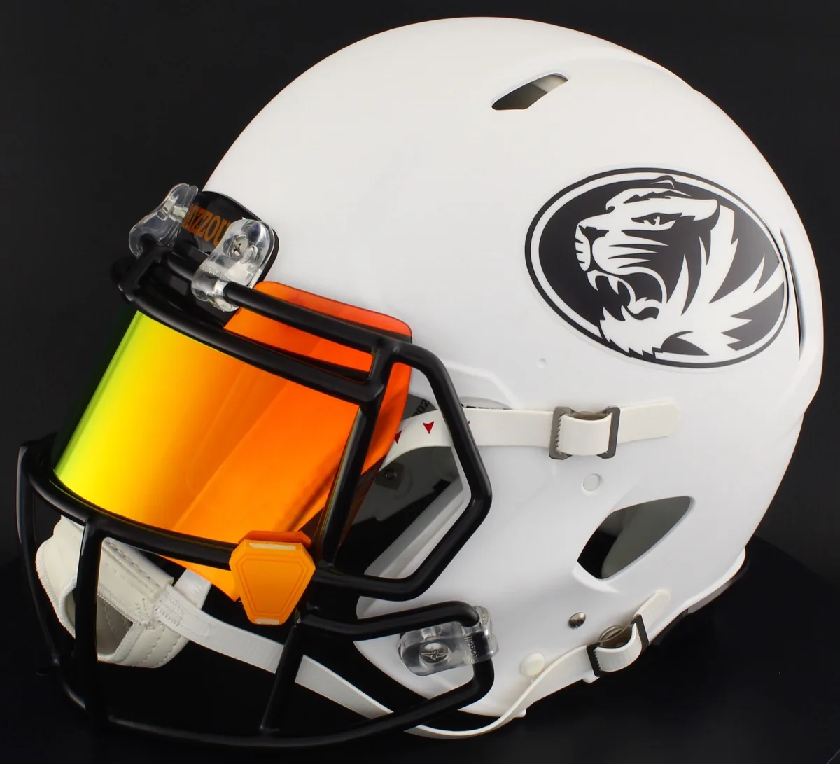 Missouri Tigers Riddell Replica Speed Football Helmet – Matte White, Black Factory Mask, Torch Visor, and Yellow Clips