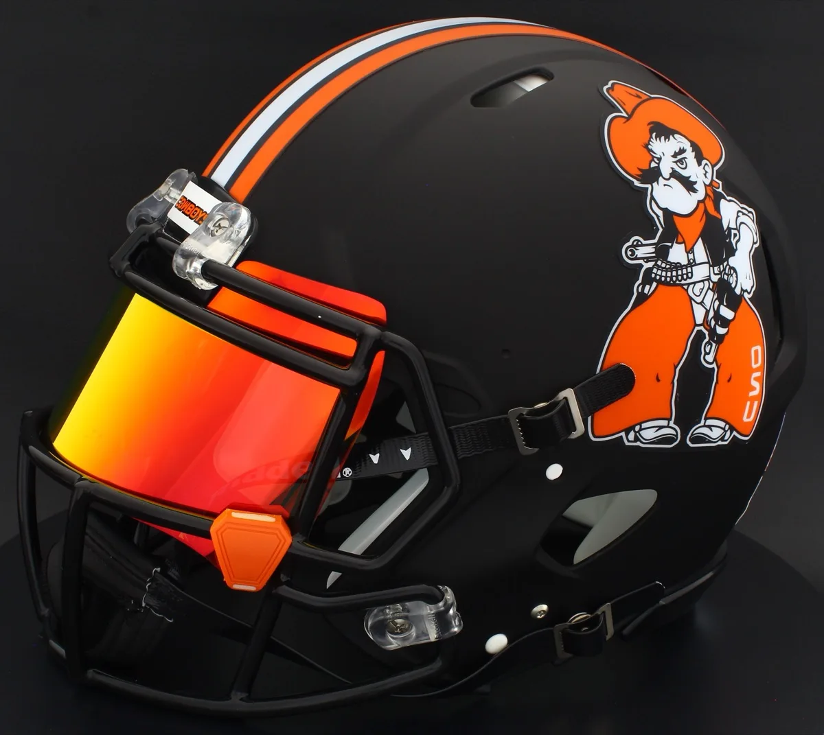 Oklahoma State Cowboys Riddell Replica Speed Football Helmet – Pistol Pete, Black Factory Mask, Torch Visor, and Orange Clips
