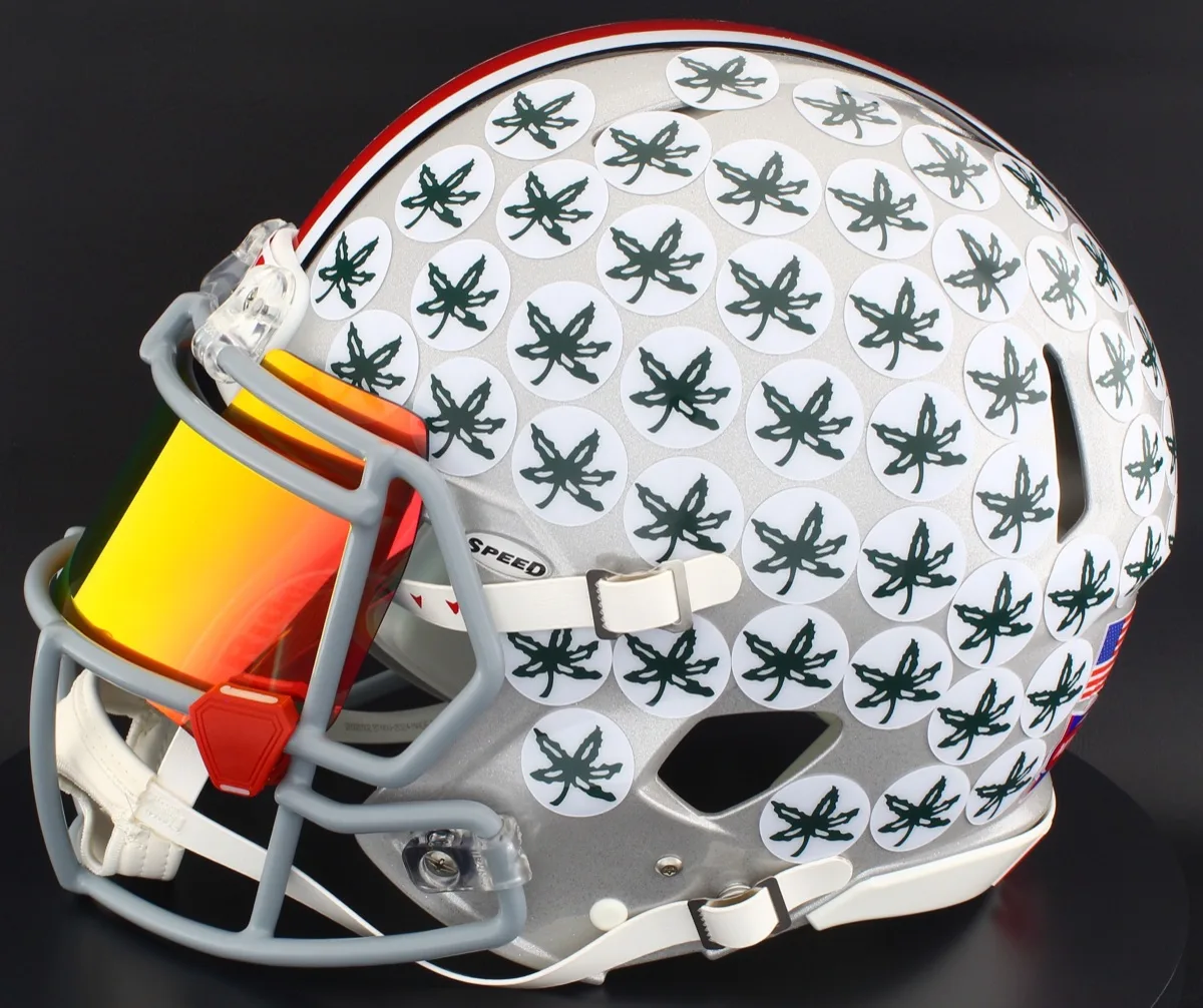 Ohio State Buckeyes Riddell Authentic Speed Football Helmet – Silver Stripe, Light Gray Factory Mask, Torch Visor, and Red Clips