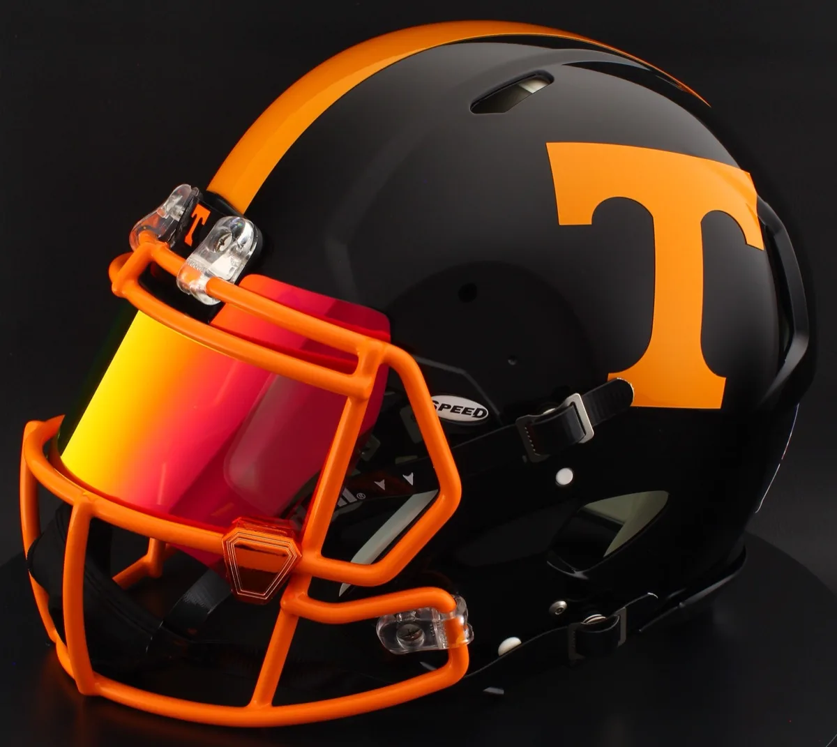 Tennessee Volunteers Riddell Authentic Speed Football Helmet – Dark Mode Black, Volunteers Orange Mask, Torch Visor, and Orange Chrome Clips