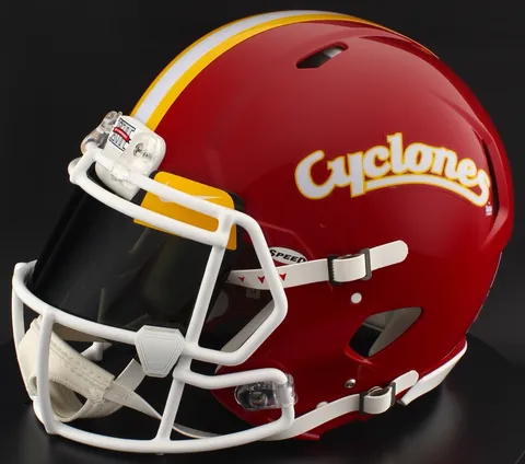 Iowa State Cyclones Riddell Authentic Speed Football Helmet – Cyclones Red, White Factory Mask, Black Visor, Yellow Brow Tabs, and White Clips