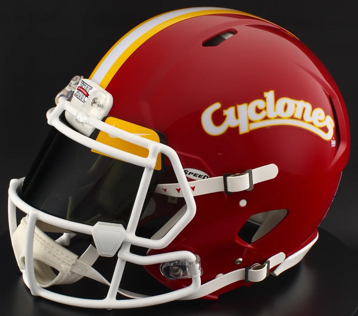 Iowa State Cyclones Riddell Replica Speed Football Helmet – Cyclones Red, White Factory Mask, Black Visor, Yellow Brow Tabs, and White Clips