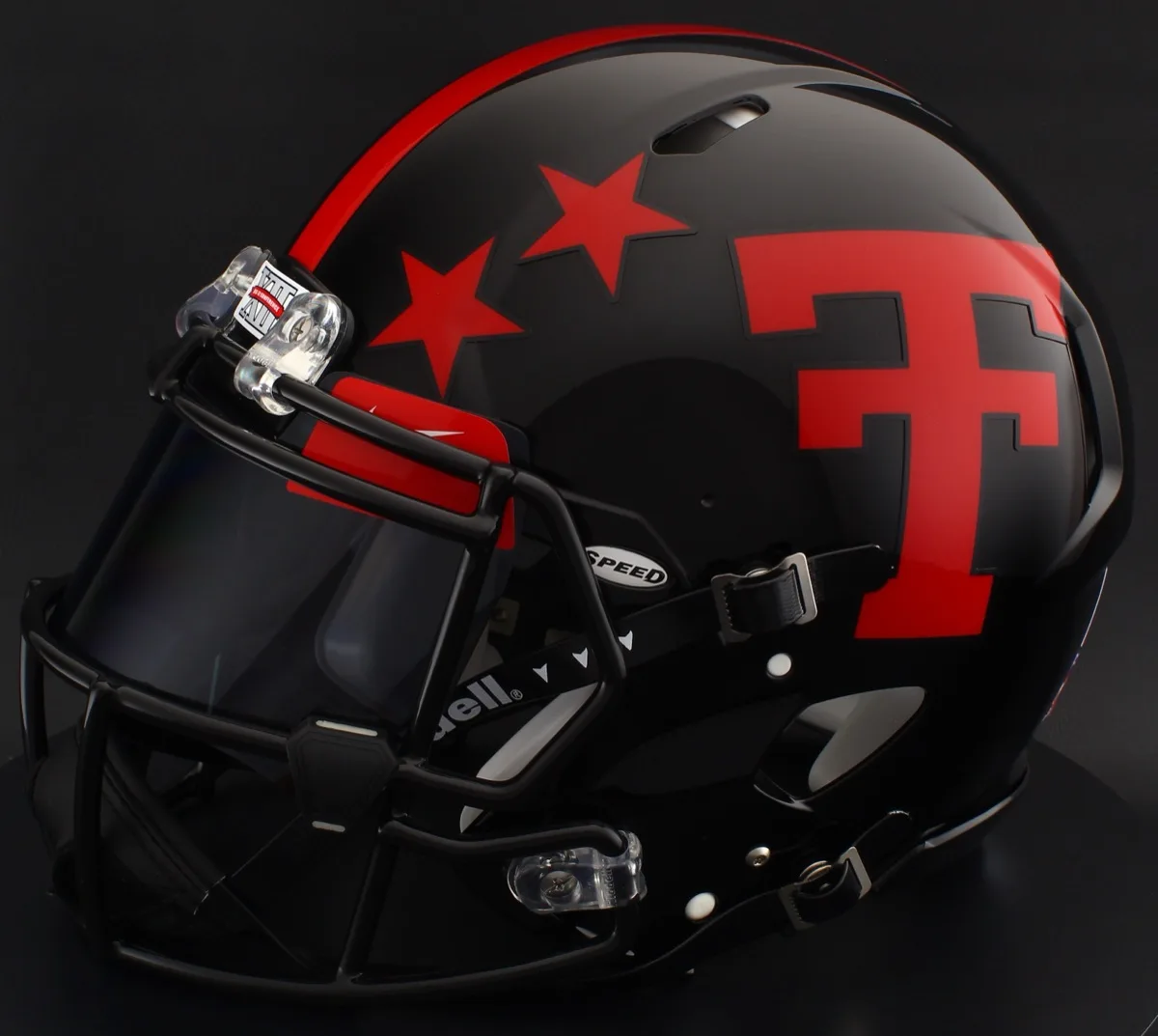 Texas Tech Red Raiders Riddell Authentic Speed Football Helmet – 100 Year, Black Factory Mask, Black Visor, Red Brow Tabs, and Black Clips