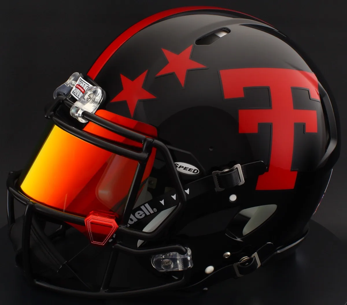 Texas Tech Red Raiders Riddell Replica Speed Football Helmet – 100 Year, Black Factory Mask, Torch Visor, and Red Clips