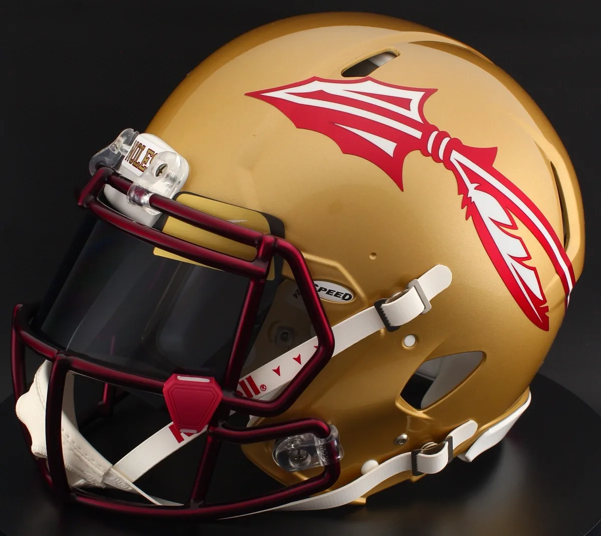 Florida State Seminoles Riddell Replica Speed Football Helmet – Metallic Paint, Cardinal Factory Mask, Black Visor, Old Gold Brow Tabs, and Red Chrome Clips