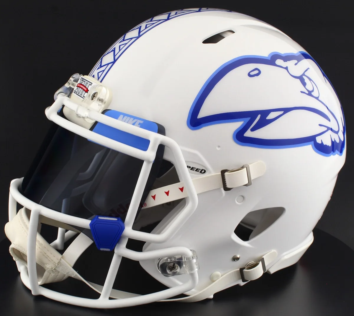 Kansas Jayhawks Riddell Replica Speed Football Helmet – White, Black Visor, Royal Blue Brow Tabs, and Dark Royal Blue Clips