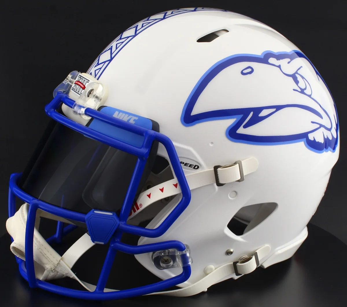 Kansas Jayhawks Riddell Replica Speed Football Helmet – White, Black Visor, Royal Blue Brow Tabs, and Dark Royal Blue Clips