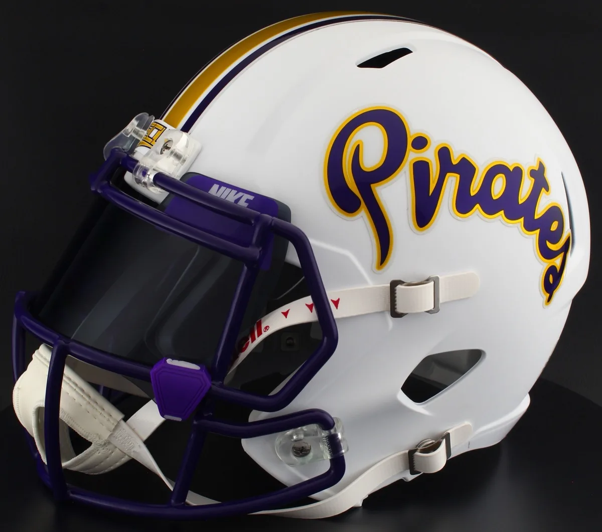 East Carolina Pirates Riddell Replica Speed Football Helmet – Matte White, Black Visor, Purple Brow Tabs, and Purple Clips
