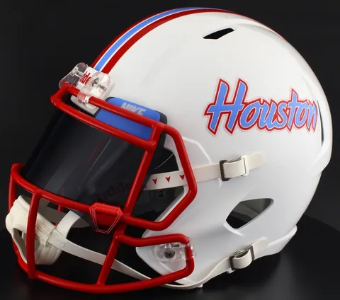 Houston Cougars Riddell Replica Speed Football Helmet – White Throwback Script Houston, Red Facemask, Black Visor, Powder Blue Brow Tabs, and Red Chrome Clips