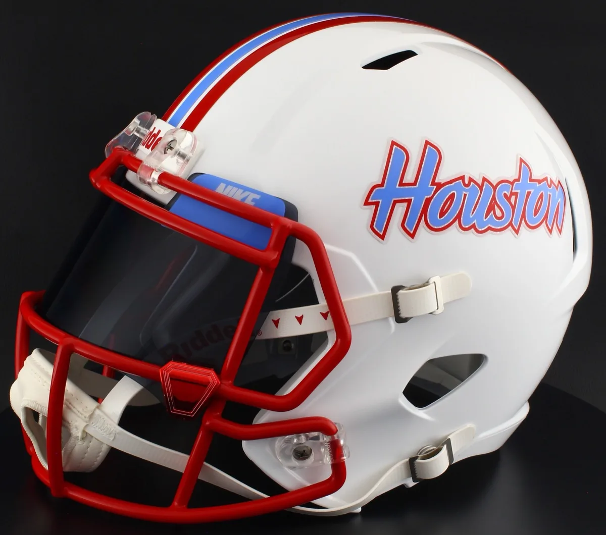 Houston Cougars Riddell Replica Speed Football Helmet – White Throwback Script Houston, Red Facemask, Black Visor, Powder Blue Brow Tabs, and Red Chrome Clips