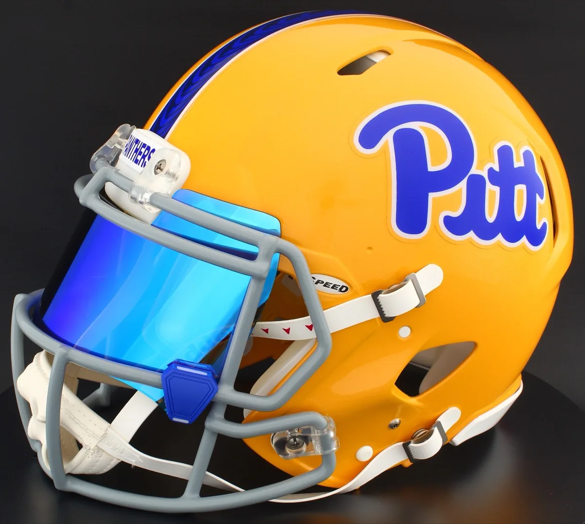 Pittsburgh Panthers Riddell Replica Speed Football Helmet – Gold, Ice Blue Visor, and Dark Royal Blue Clips