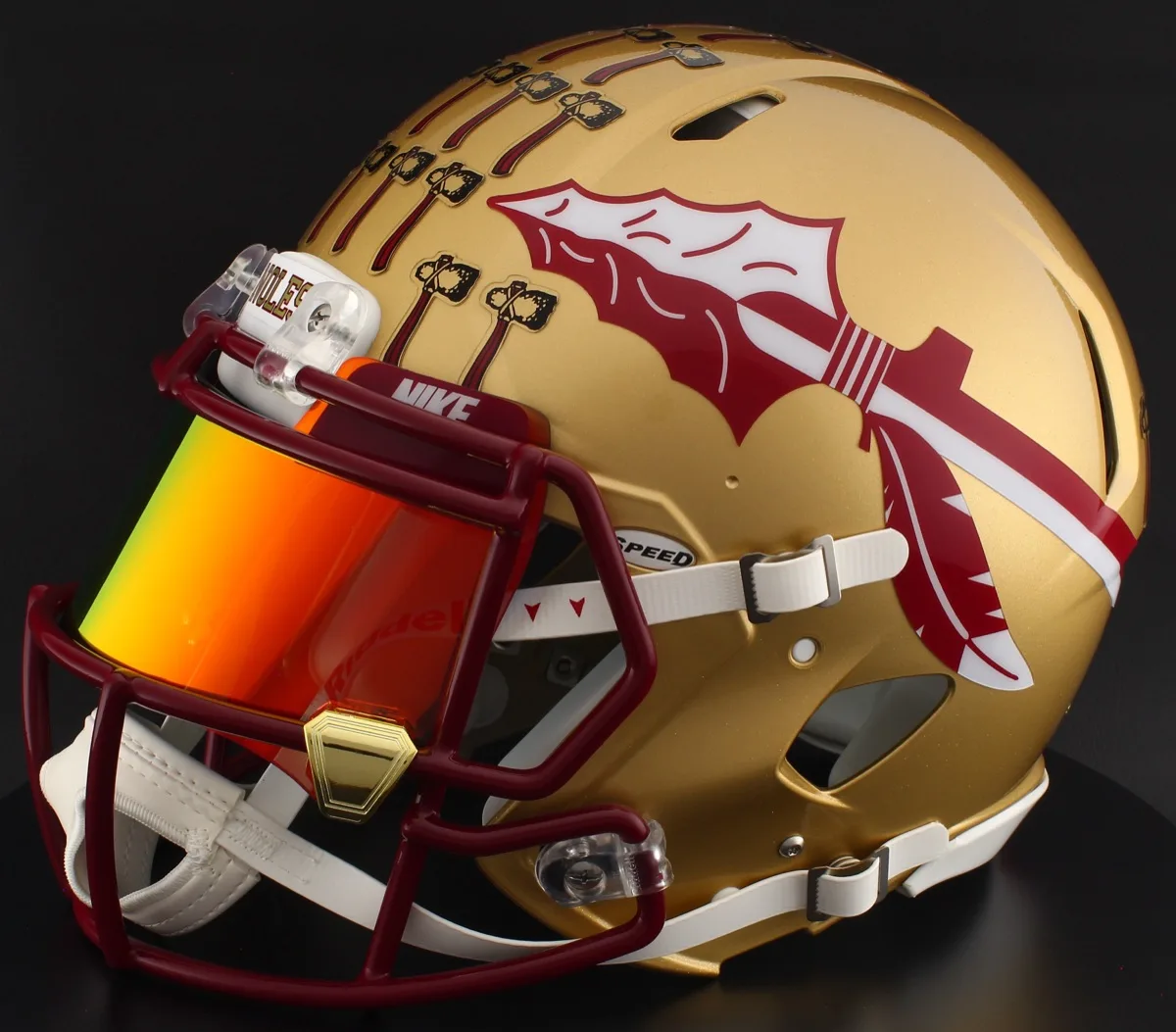 Florida State Seminoles Riddell Replica Speed Football Helmet – Metallic Paint, Cardinal Factory Mask, Torch Visor, Cardinal Brow Tabs, and Gold Chrome Clips