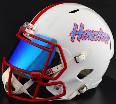 Houston Cougars Riddell Replica Speed Football Helmet – White Throwback Script Houston, Red Facemask, Ice Blue Visor, and Red Chrome Clips