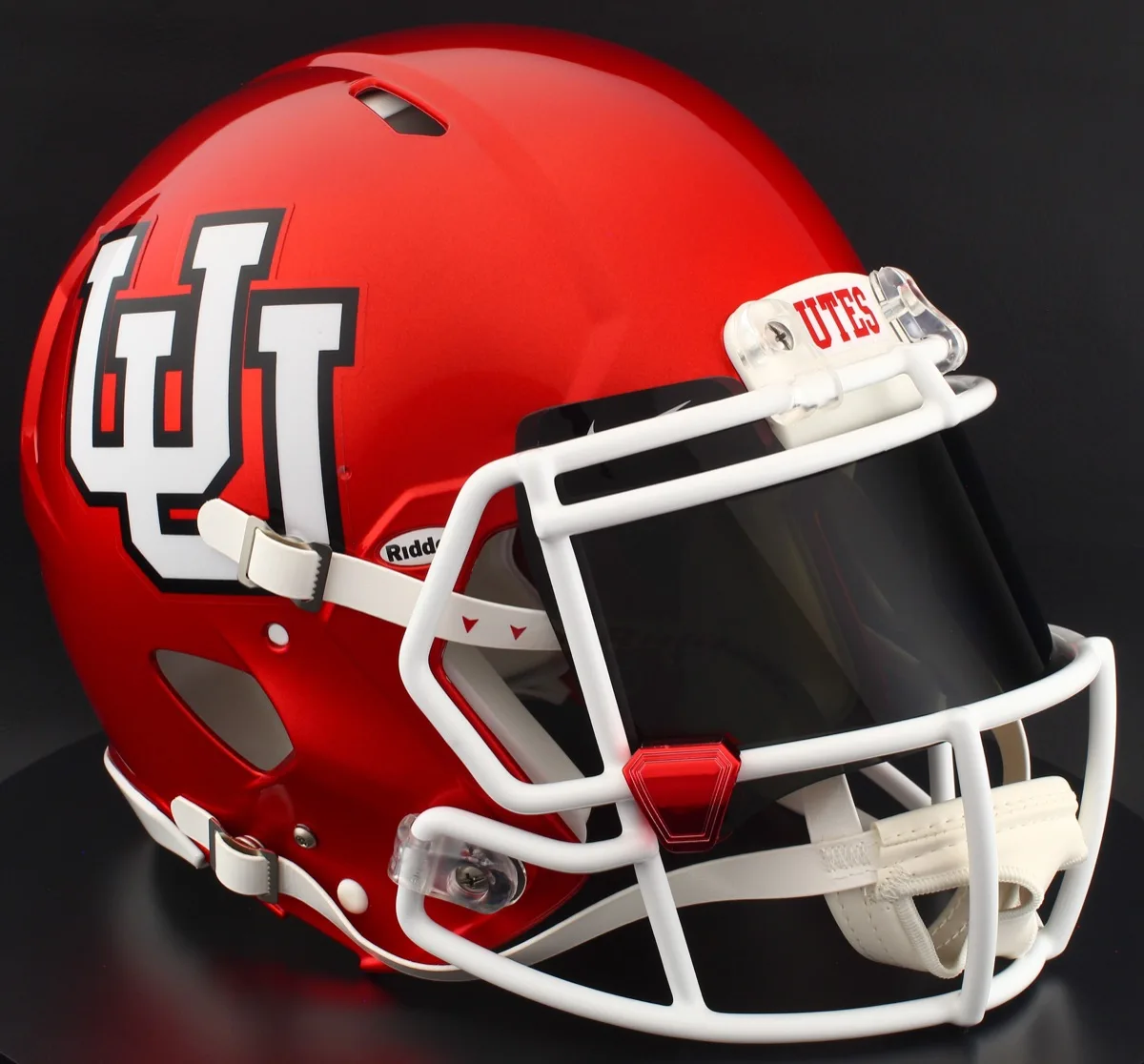 Utah Utes Riddell Replica Speed Football Helmet – Red UU, White Facemask, Black Visor, Black Brow Tabs, and Red Chrome Clips