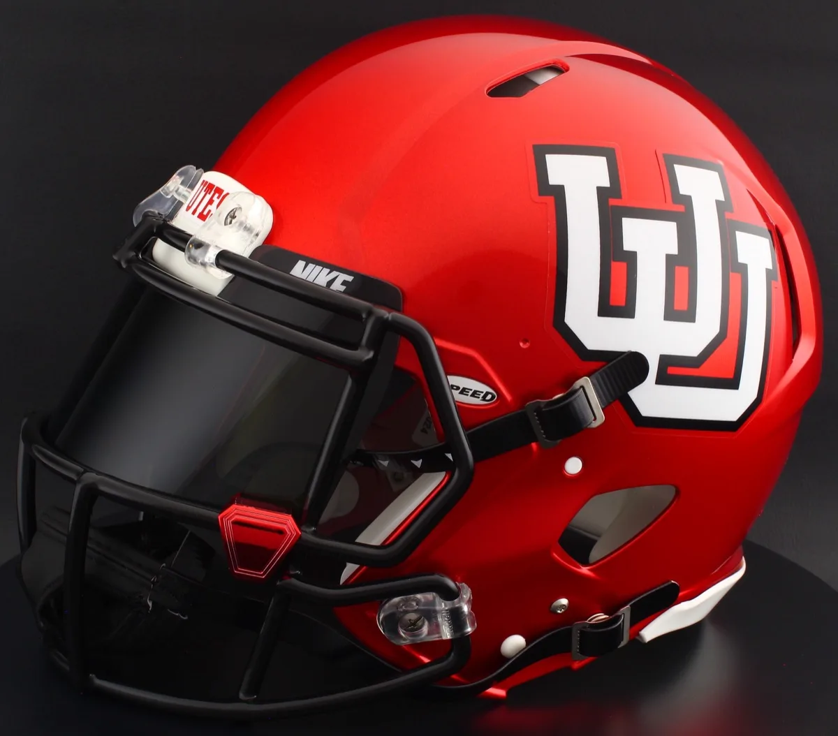 Utah Utes Riddell Replica Speed Football Helmet – Red UU, Black Facemask, Black Visor, Black Brow Tabs, and Red Chrome Clips