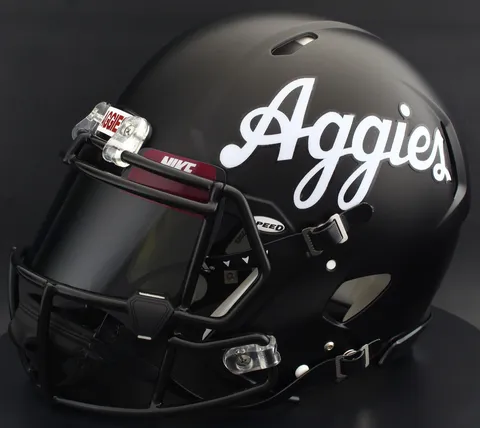 New Mexico State Aggies Riddell Replica Speed Football Helmet – Matte Black Script Aggies, Black Facemask, Black Visor, Maroon Brow Tabs, and Black Clips