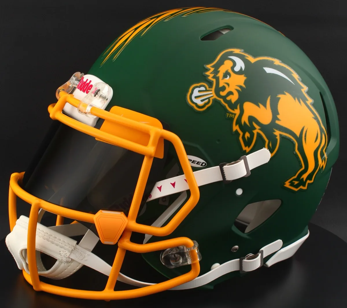 North Dakota State Bison Riddell Replica Speed Football Helmet – Flat Green, Black Visor, Yellow Brow Tabs, and Yellow Clips