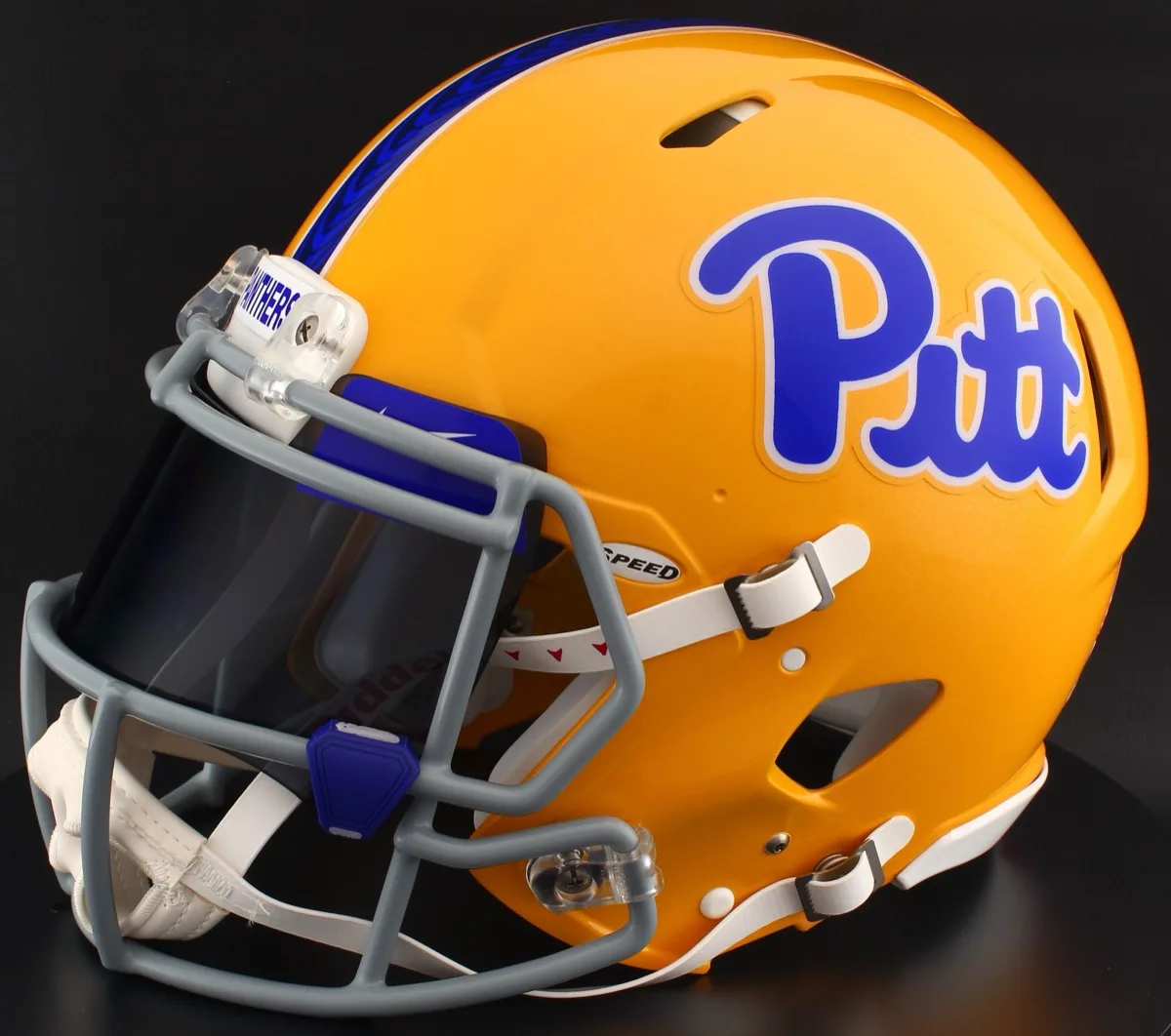 Pittsburgh Panthers Riddell Replica Speed Football Helmet – Gold, Black Visor, Royal Blue Brow Tabs, and Dark Royal Blue Clips