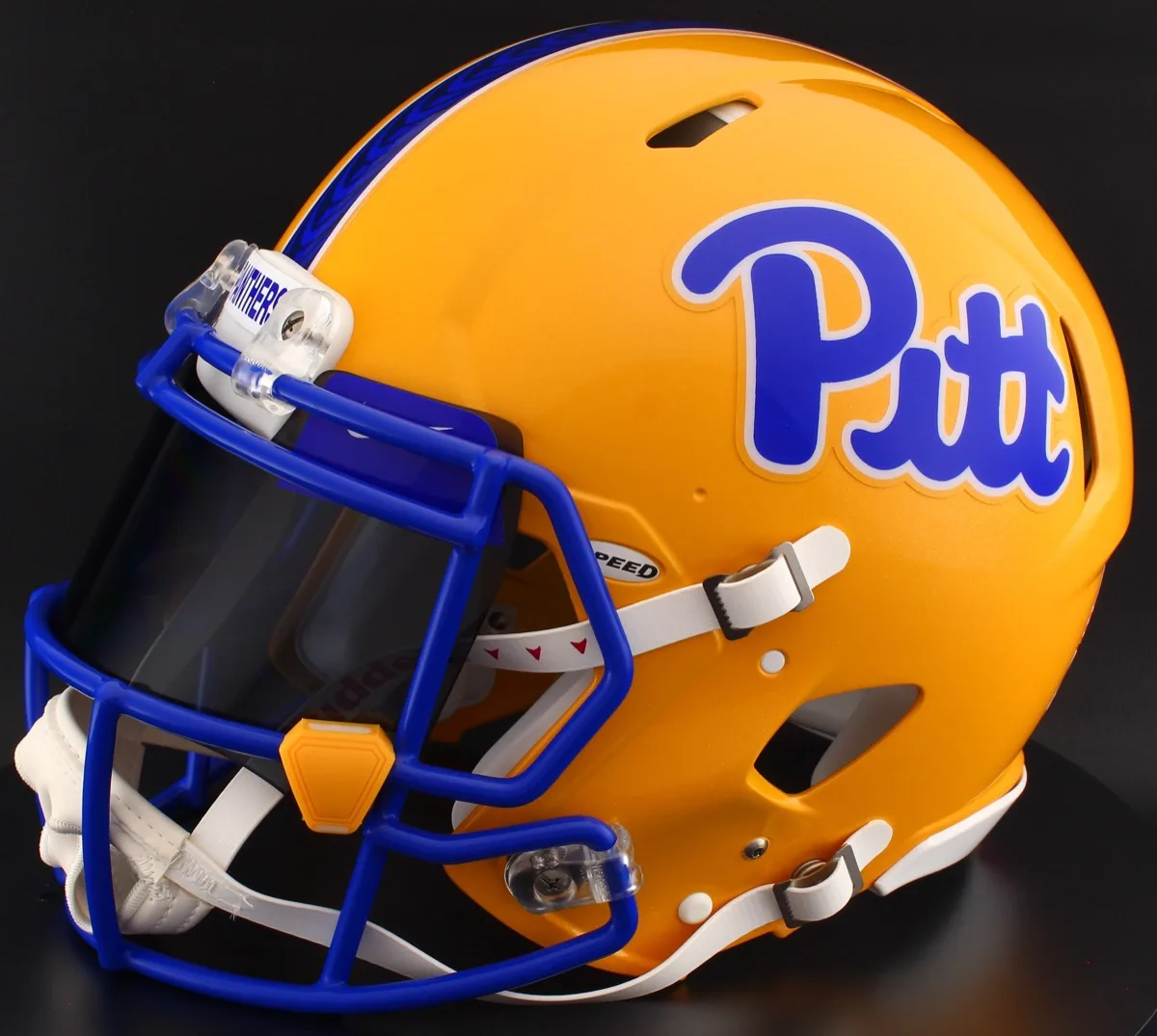 Pittsburgh Panthers Riddell Authentic Speed Football Helmet – Gold, Black Visor, Royal Blue Brow Tabs, and Yellow Clips