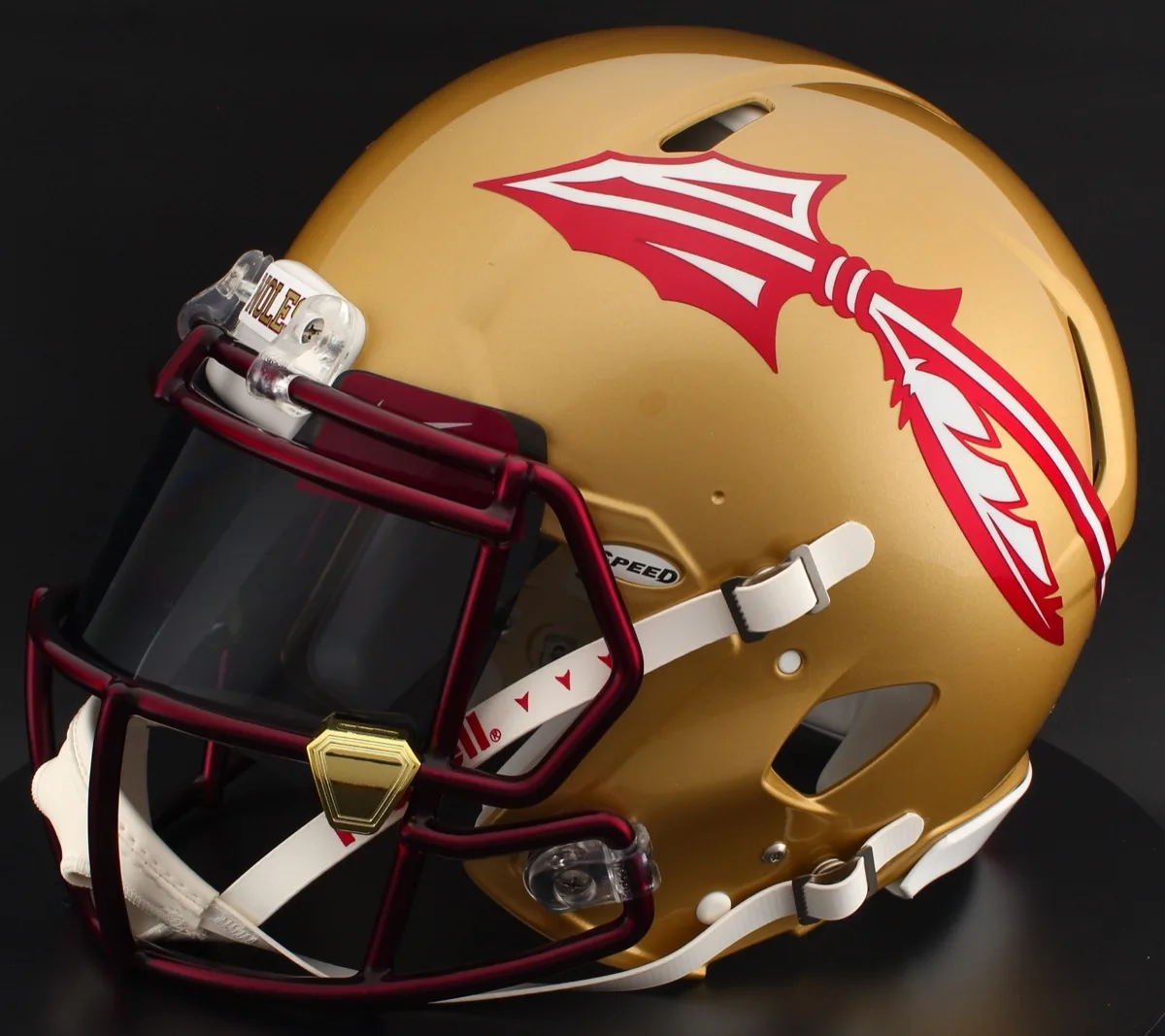 Florida State Seminoles Riddell Replica Speed Football Helmet – Metallic Paint, Cardinal Factory Mask, Black Visor, Cardinal Brow Tabs, and Gold Chrome Clips