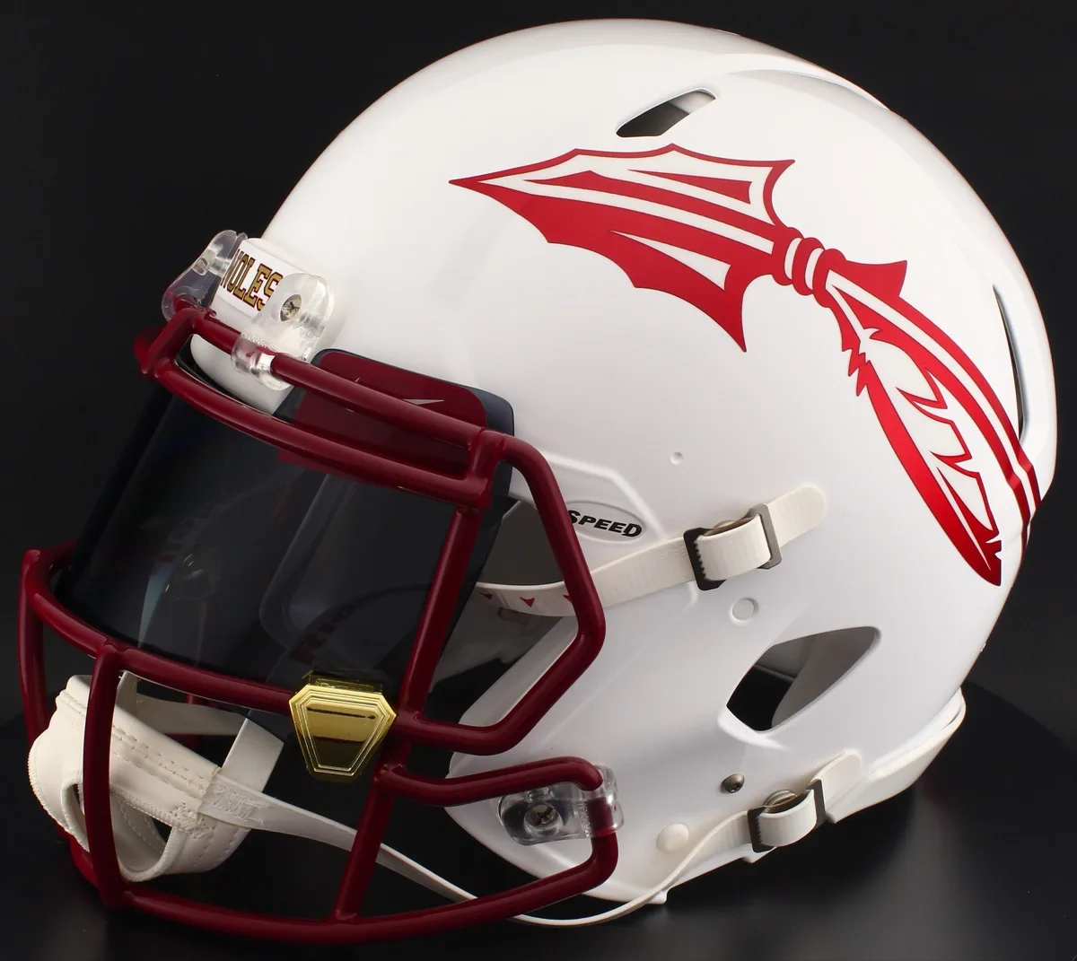 Florida State Seminoles Riddell Replica Speed Football Helmet – White, Cardinal Mask, Black Visor, Cardinal Brow Tabs, and Gold Chrome Clips