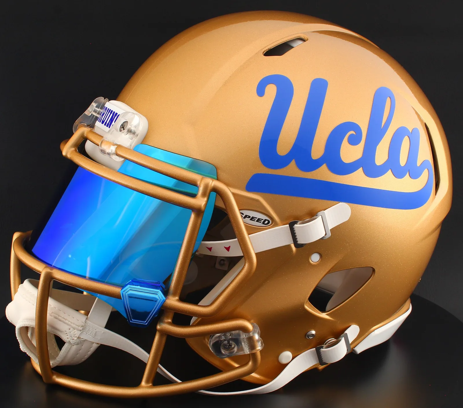 UCLA Bruins Riddell Replica Speed Football Helmet – Gold Script UCLA, Gold Mask, Ice Blue Visor, and Blue Chrome Clips