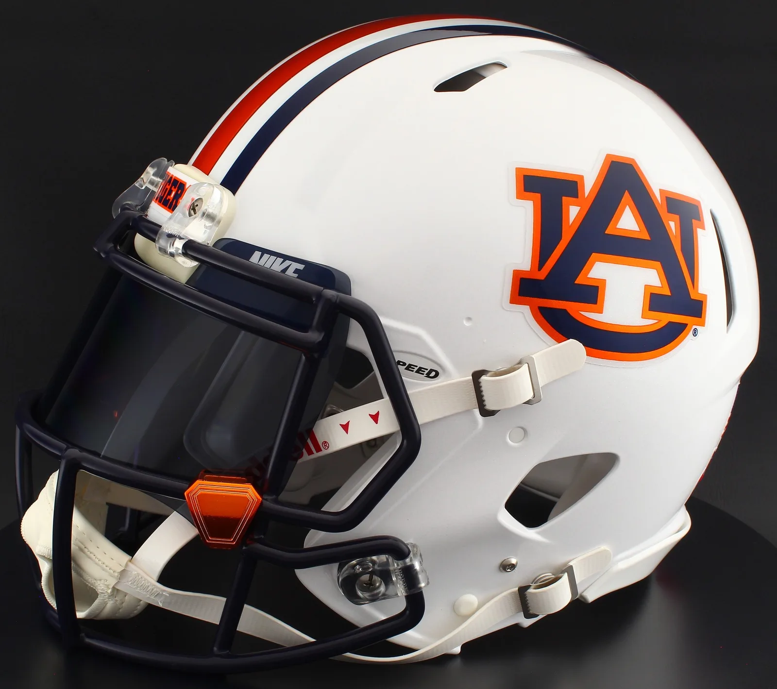 Auburn Tigers Riddell Replica Speed Football Helmet – White AU, Navy Mask, Black Visor, Navy Blue Brow Tabs, and Orange Chrome Clips