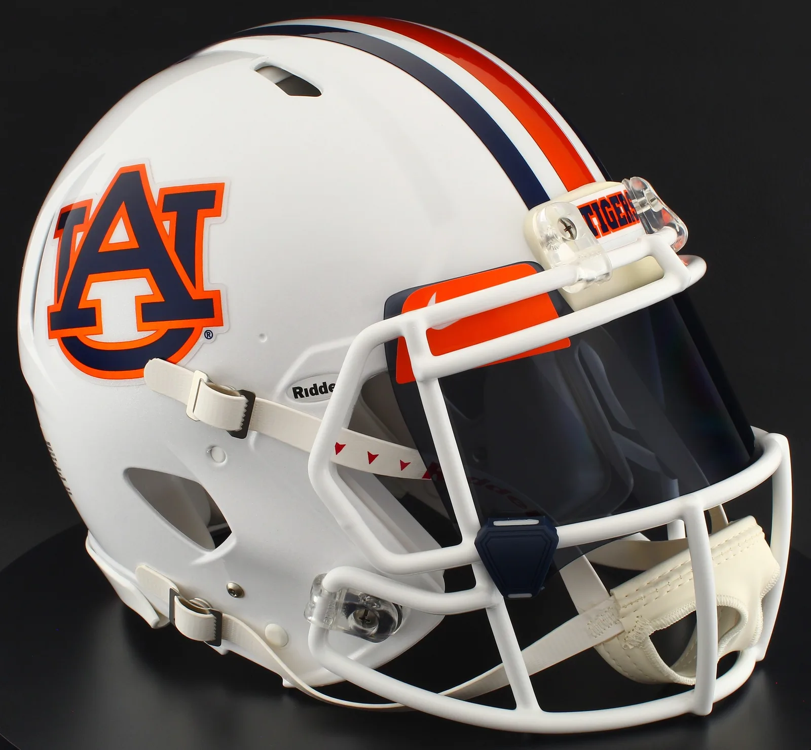 Auburn Tigers Riddell Authentic Speed Football Helmet – White AU, White Mask, Black Visor, Dark Orange Brow Tabs, and Navy Blue Clips
