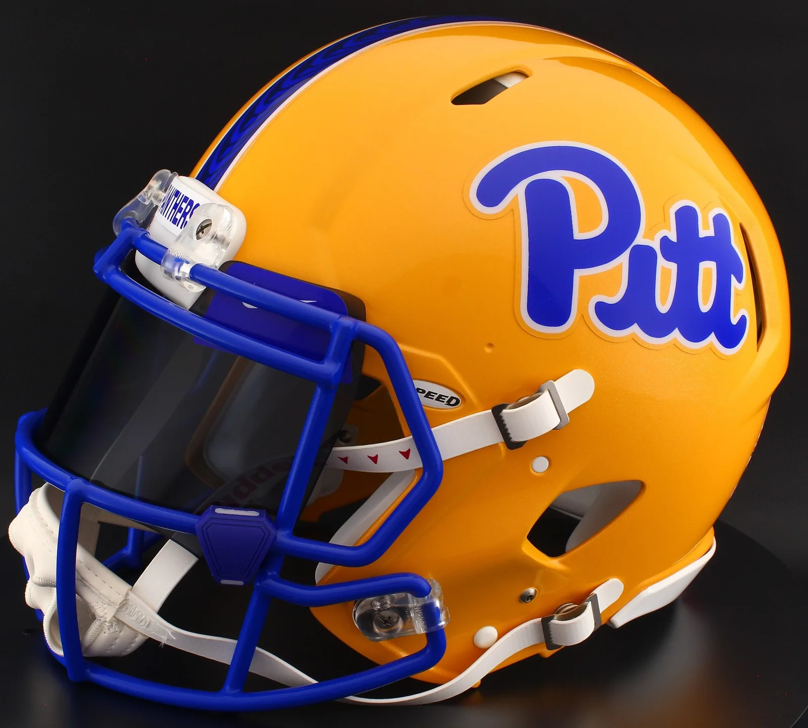 Pittsburgh Panthers Riddell Replica Speed Football Helmet – Gold, Black Visor, Royal Blue Brow Tabs, and Dark Royal Blue Clips