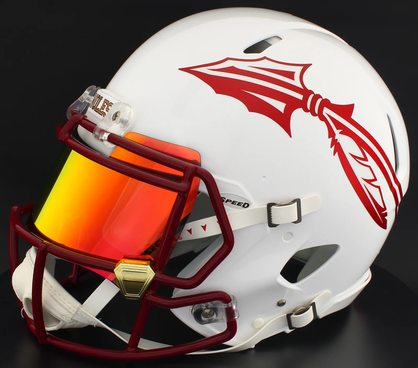 Florida State Seminoles Riddell Authentic Speed Football Helmet – White, Cardinal Mask, Torch Visor, and Gold Chrome Clips