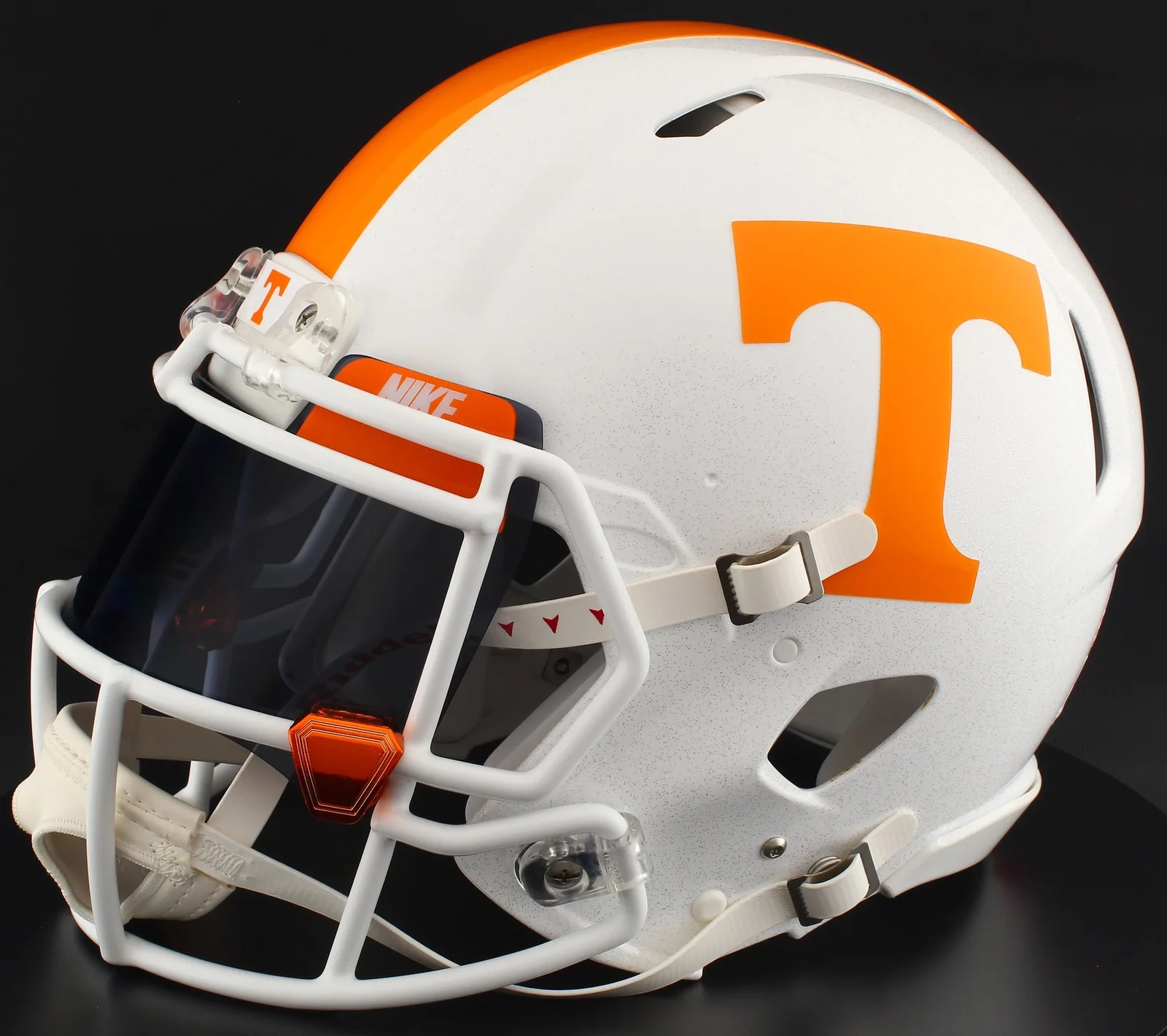 Tennessee Volunteers Riddell Replica Speed Football Helmet – White Block T, White Factory Mask, Black Visor, Light Orange Brow Tabs, and Orange Chrome Clips