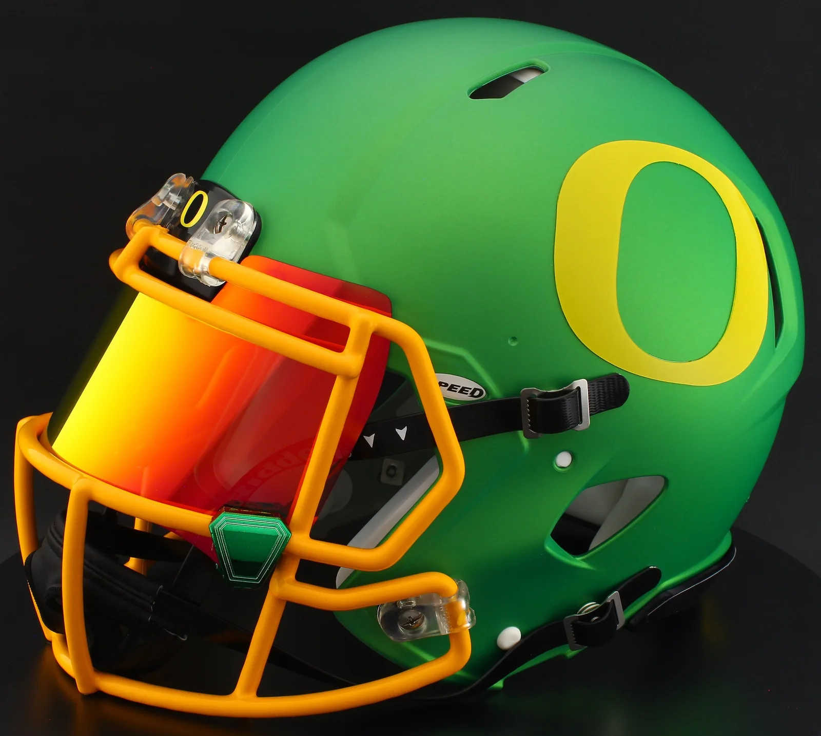 Oregon Ducks Riddell Authentic Speed Football Helmet – Apple Green, Yellow Mask, Torch Visor, and Green Chrome Clips