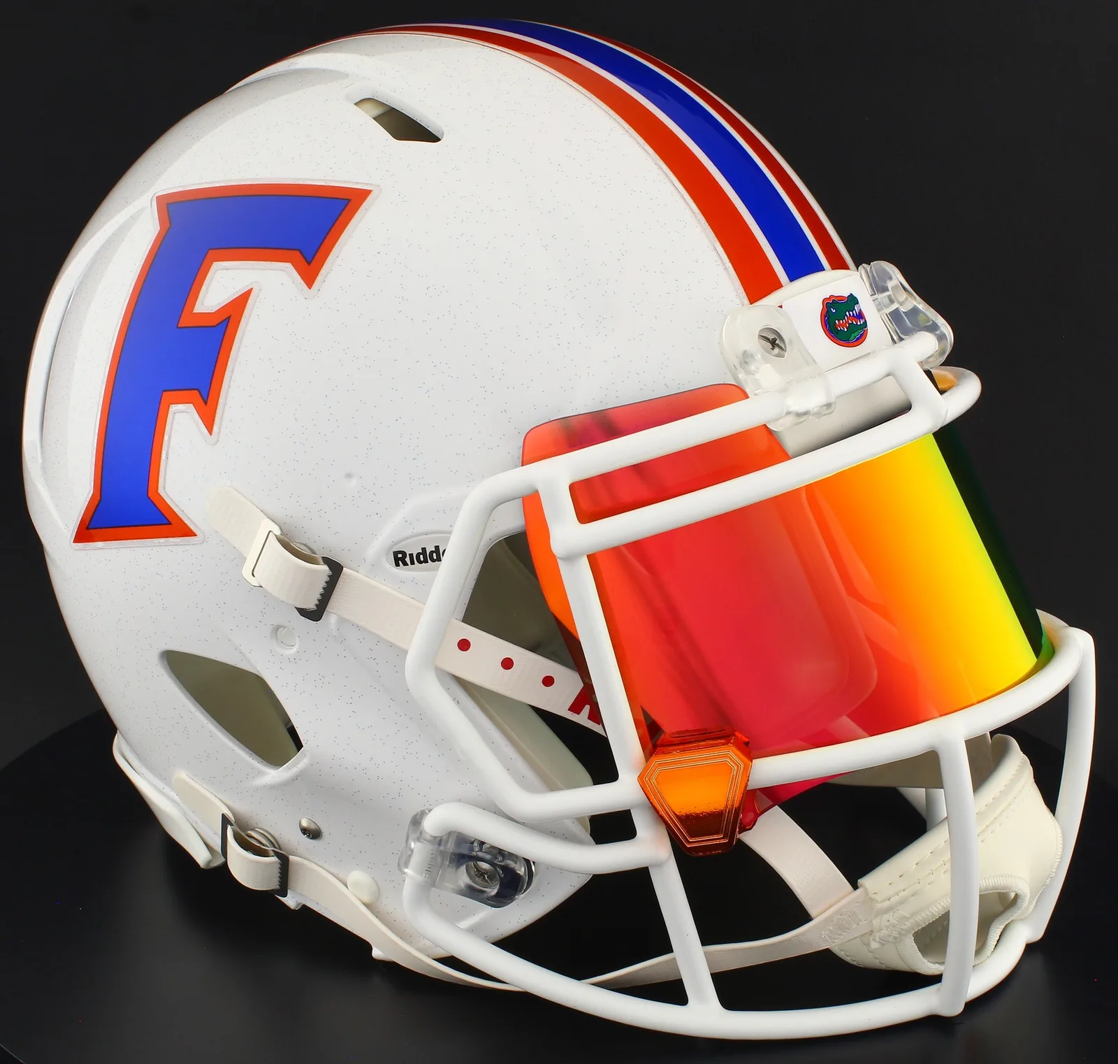 Florida Gators Riddell Replica Speed Football Helmet – Chrome Decals, White Factory Mask, Torch Visor, and Orange Chrome Clips