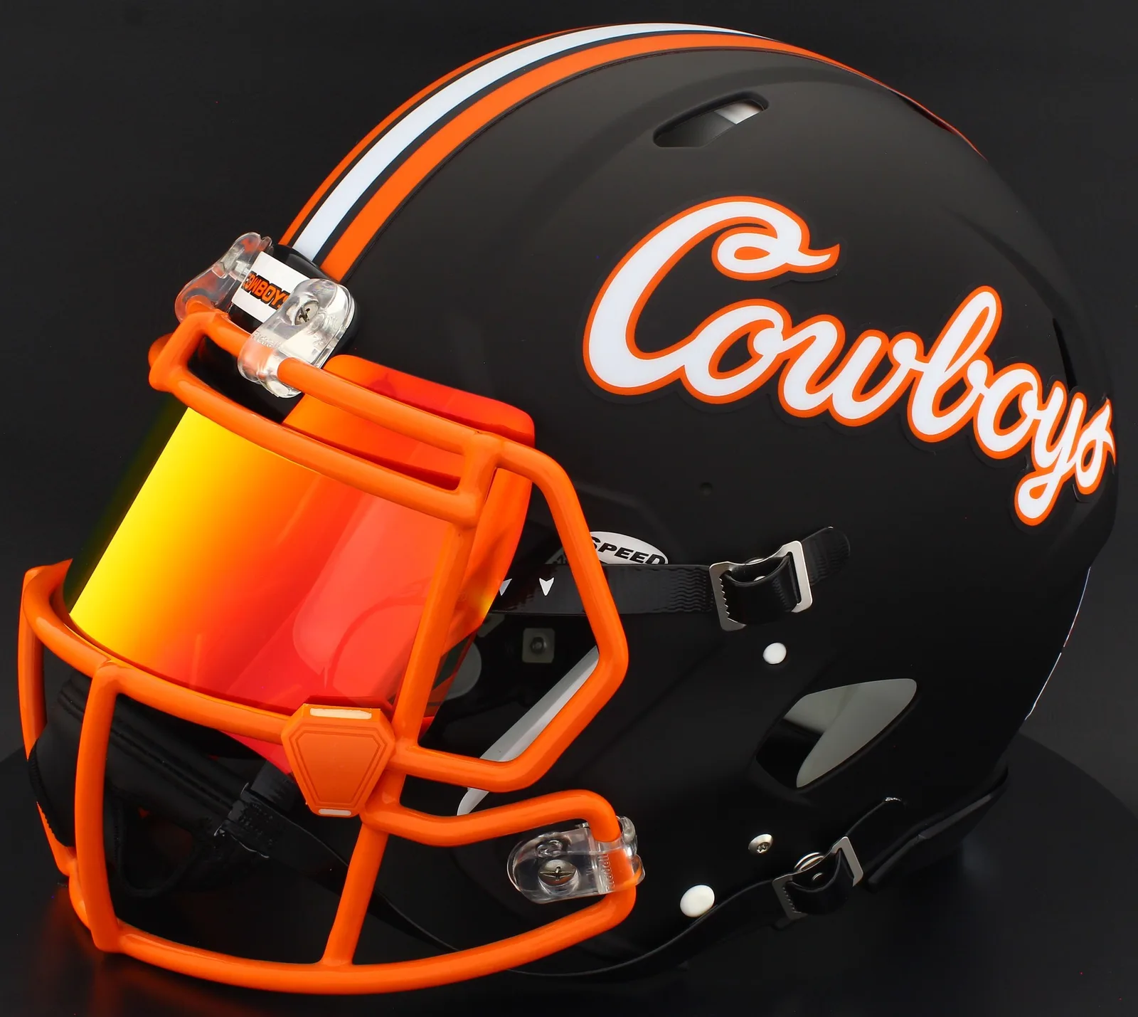 Oklahoma State Cowboys Riddell Replica Speed Football Helmet – Matte Black, Volunteers Orange Factory Mask, Torch Visor, and Orange Clips