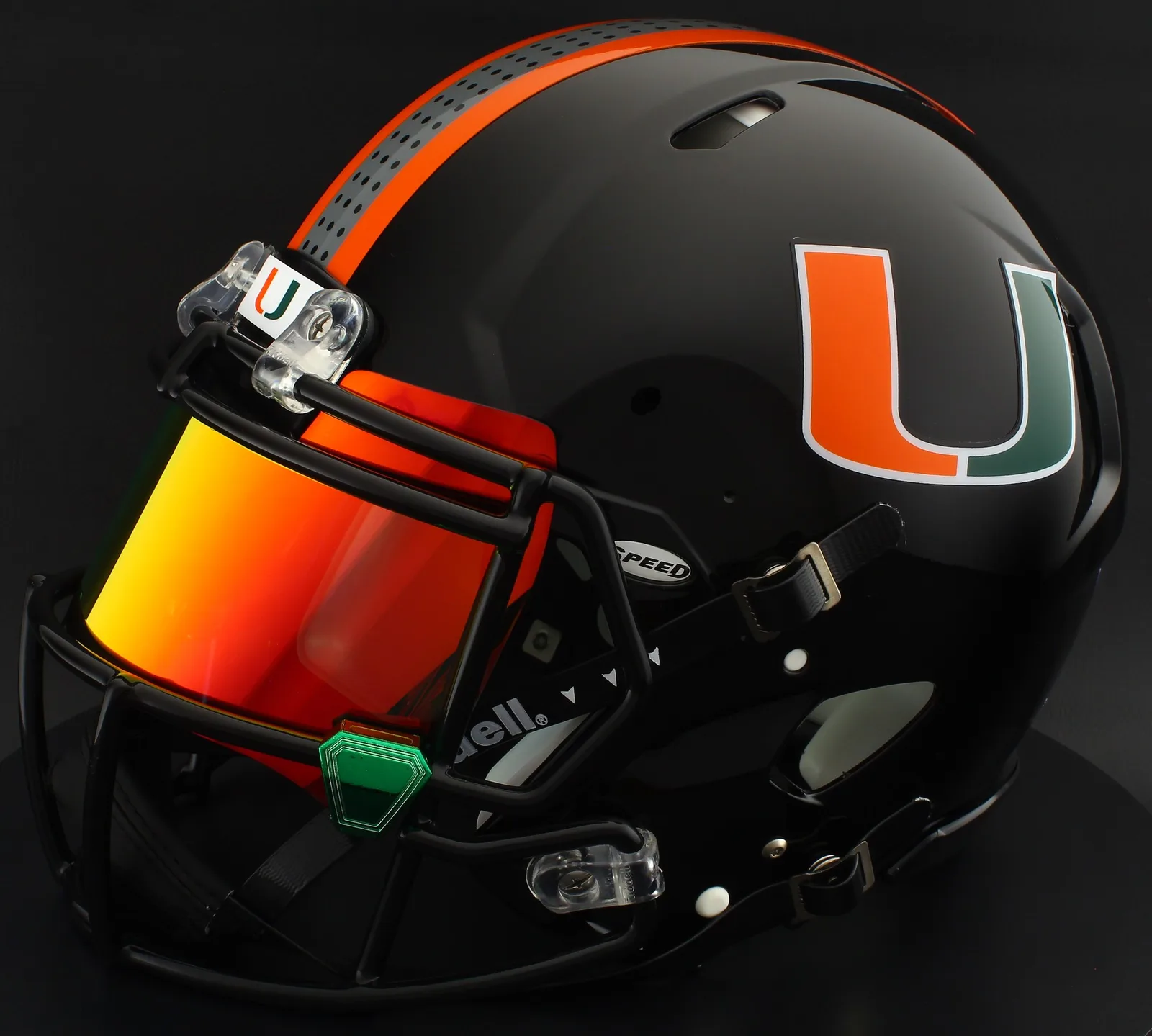 Miami Hurricanes Riddell Replica Speed Football Helmet – Black, Black Factory Mask, Torch Visor, and Green Chrome Clips