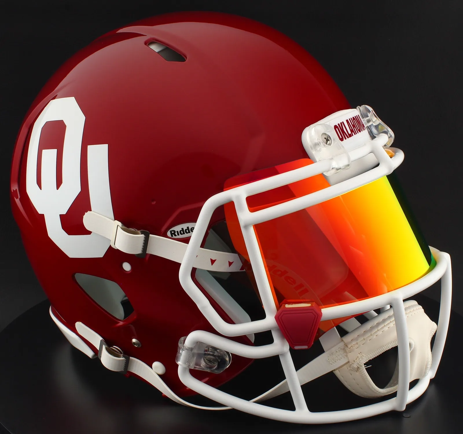 Oklahoma Sooners Riddell Authentic Speed Football Helmet – Crimson OU, White Factory Mask, Torch Visor, and Red Clips
