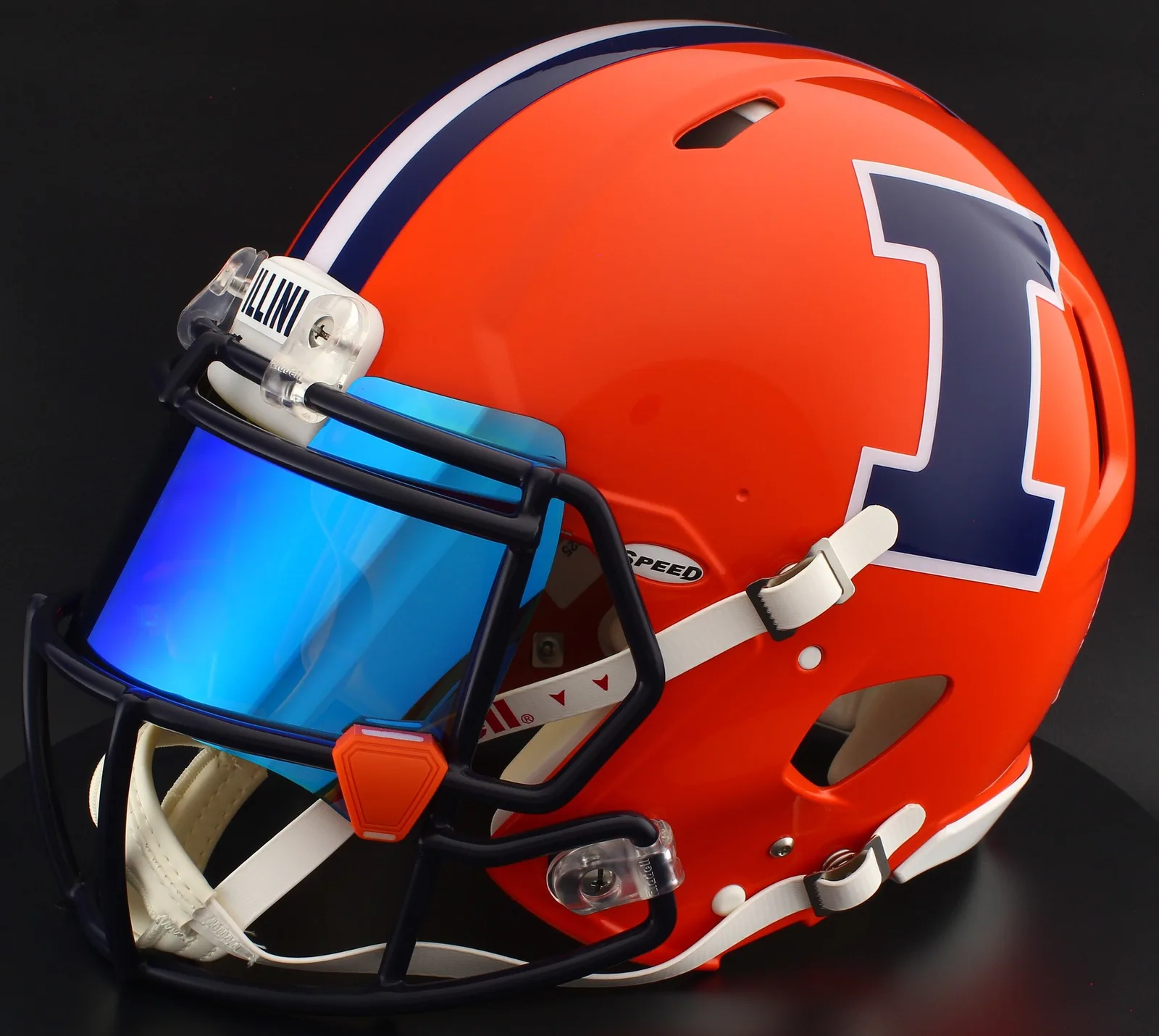 Illinois Fighting Illini Riddell Replica Speed Football Helmet – Orange, Navy Mask, Ice Blue Visor, and Orange Clips