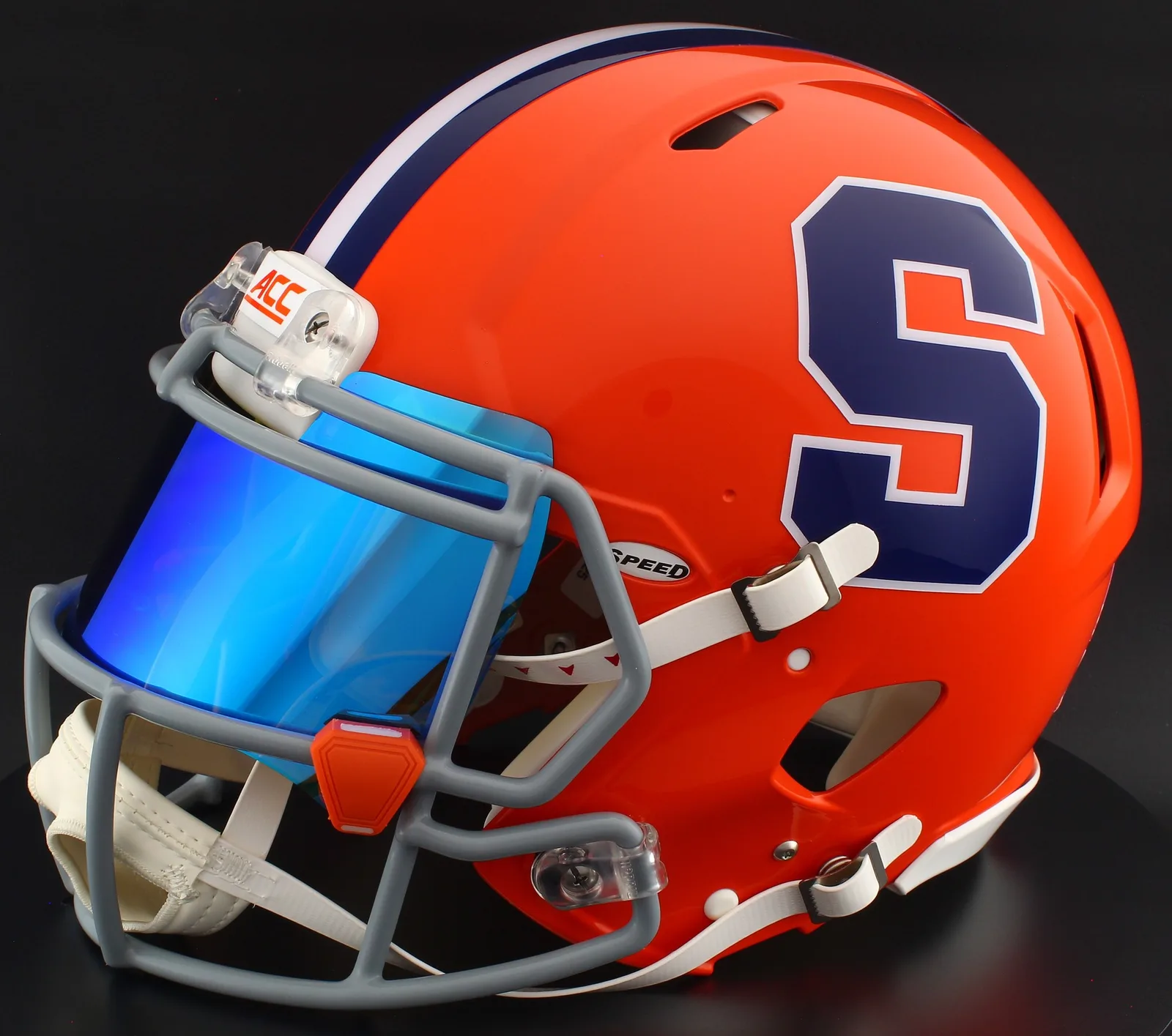Syracuse Orange Riddell Replica Speed Football Helmet – Orange Block S, Light Gray Mask, Ice Blue Visor, and Orange Clips