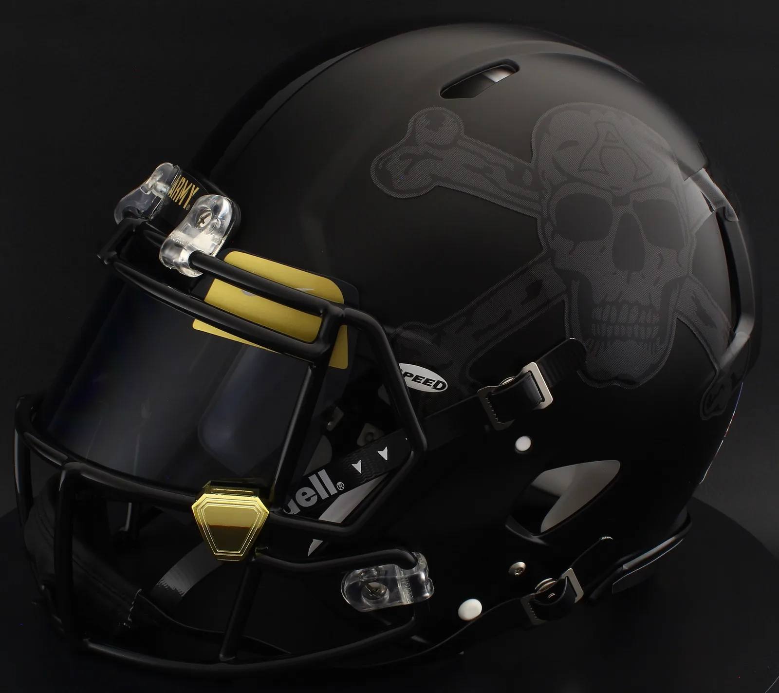 Army Black Knights Riddell Authentic Speed Football Helmet – Skull and Crossbones, Black Factory Mask, Black Visor, Vegas Gold Brow Tabs, and Gold Chrome Clips