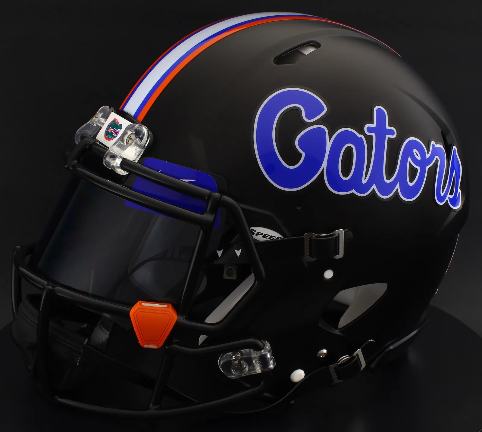 Florida Gators Riddell Authentic Speed Football Helmet – Satin Black, Black Factory Mask, Black Visor, Royal Blue Brow Tabs, and Orange Clips
