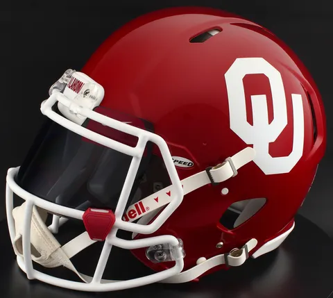 Oklahoma Sooners Riddell Authentic Speed Football Helmet – Crimson OU, White Factory Mask, Black Visor, Cardinal Brow Tabs, and Cardinal Clips