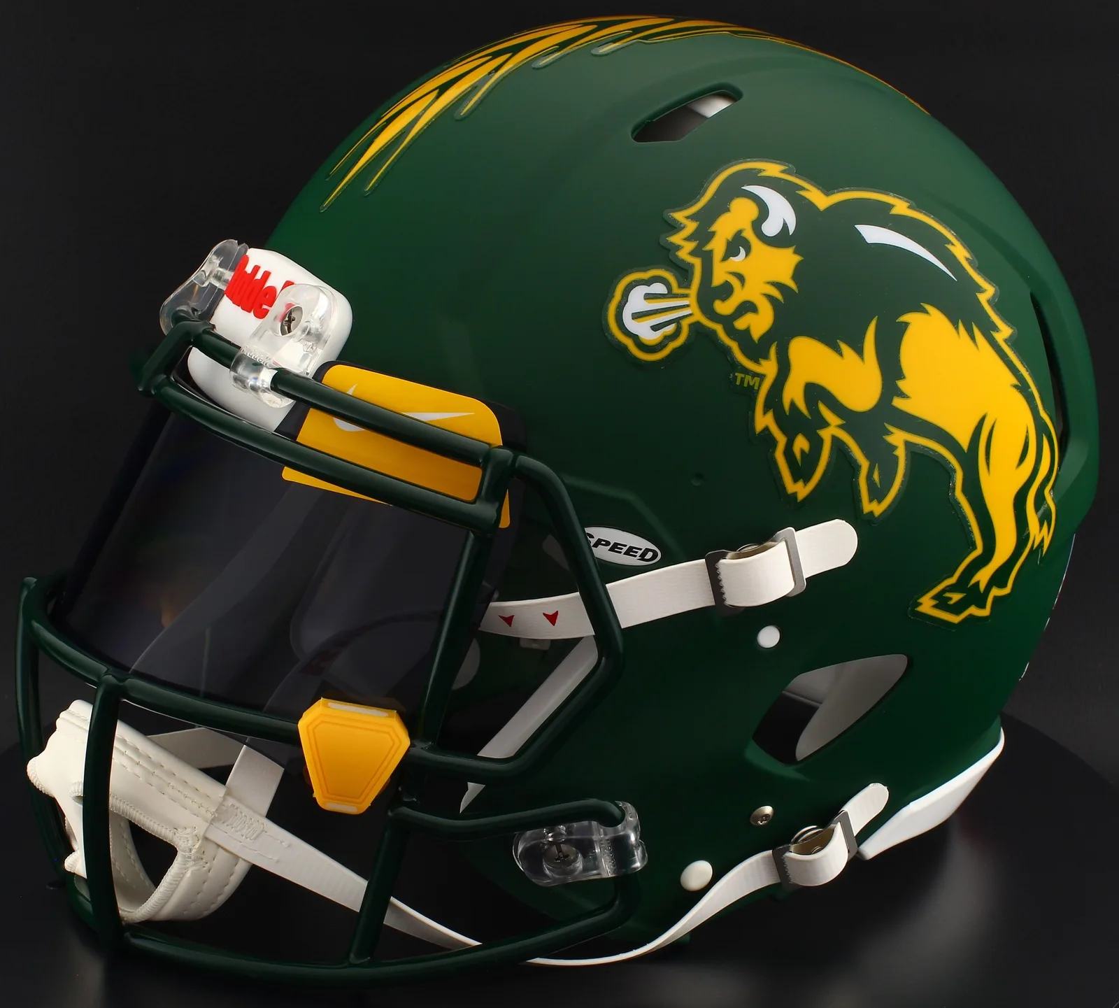 North Dakota State Bison Riddell Authentic Speed Football Helmet – Flat Green, Dark Green Mask, Black Visor, Yellow Brow Tabs, and Yellow Clips