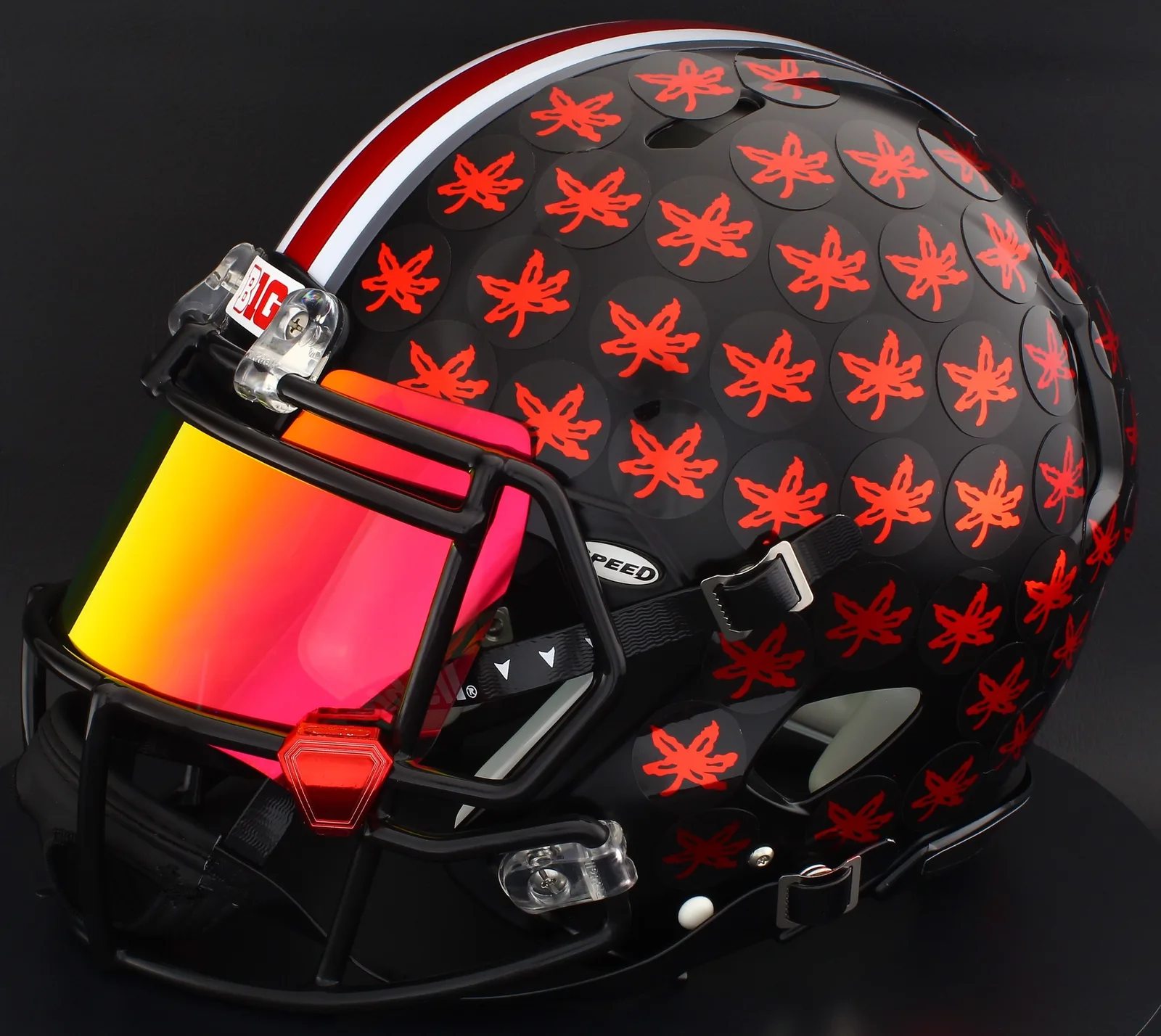 Ohio State Buckeyes Riddell Authentic Speed Football Helmet – Satin Black, Black Factory Mask, Torch Visor, and Red Chrome Clips