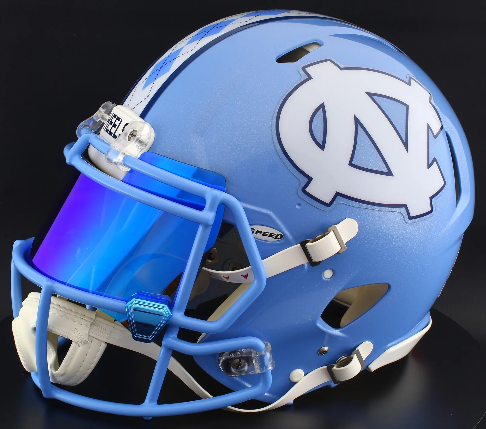 North Carolina Tar Heels Riddell Authentic Speed Football Helmet – Carolina Blue Interlocking NC, Tar Heels Blue Mask, Ice Blue Visor, and Blue Chrome Clips