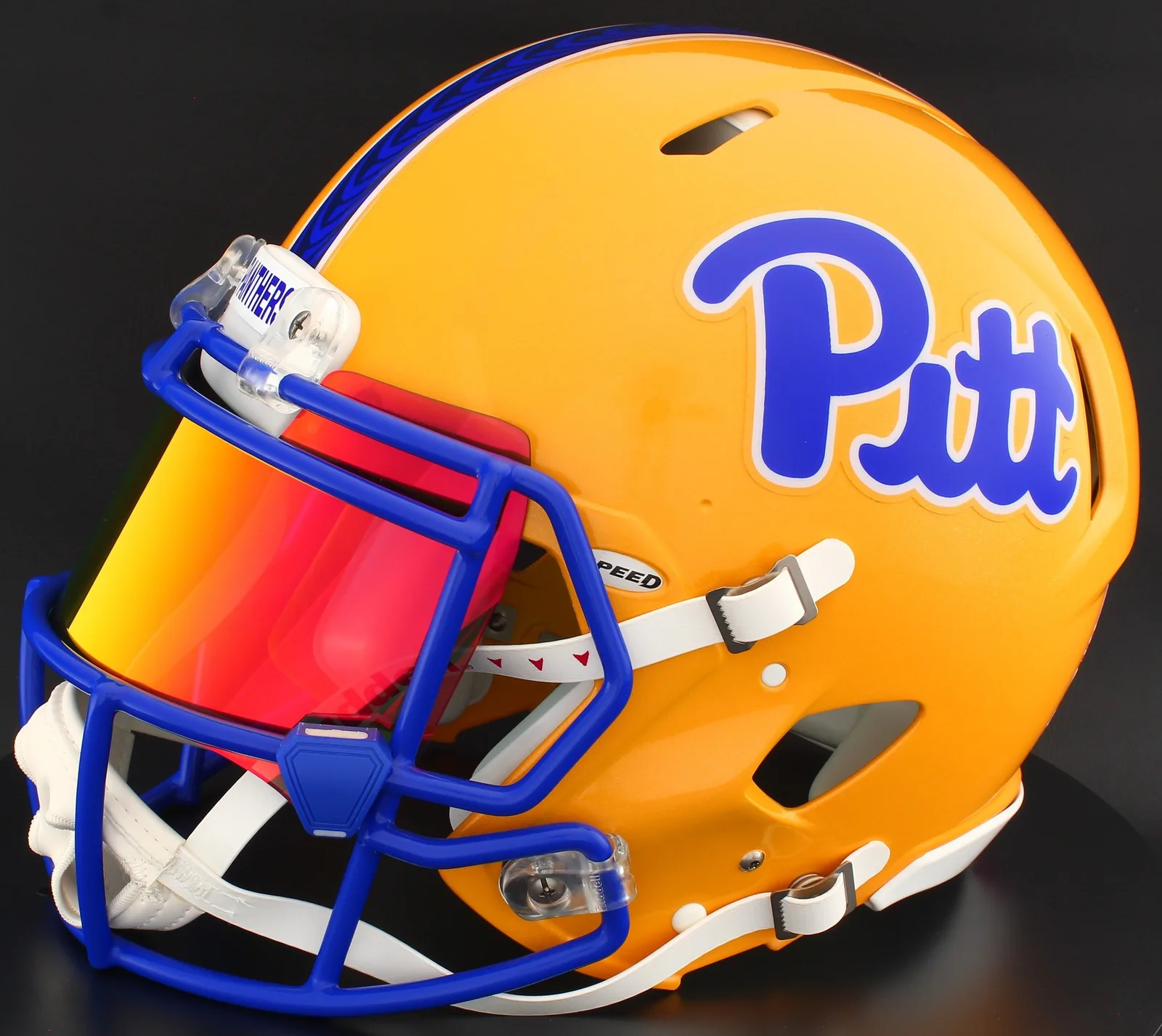 Pittsburgh Panthers Riddell Replica Speed Football Helmet – Gold, Torch Visor, and Dark Royal Blue Clips