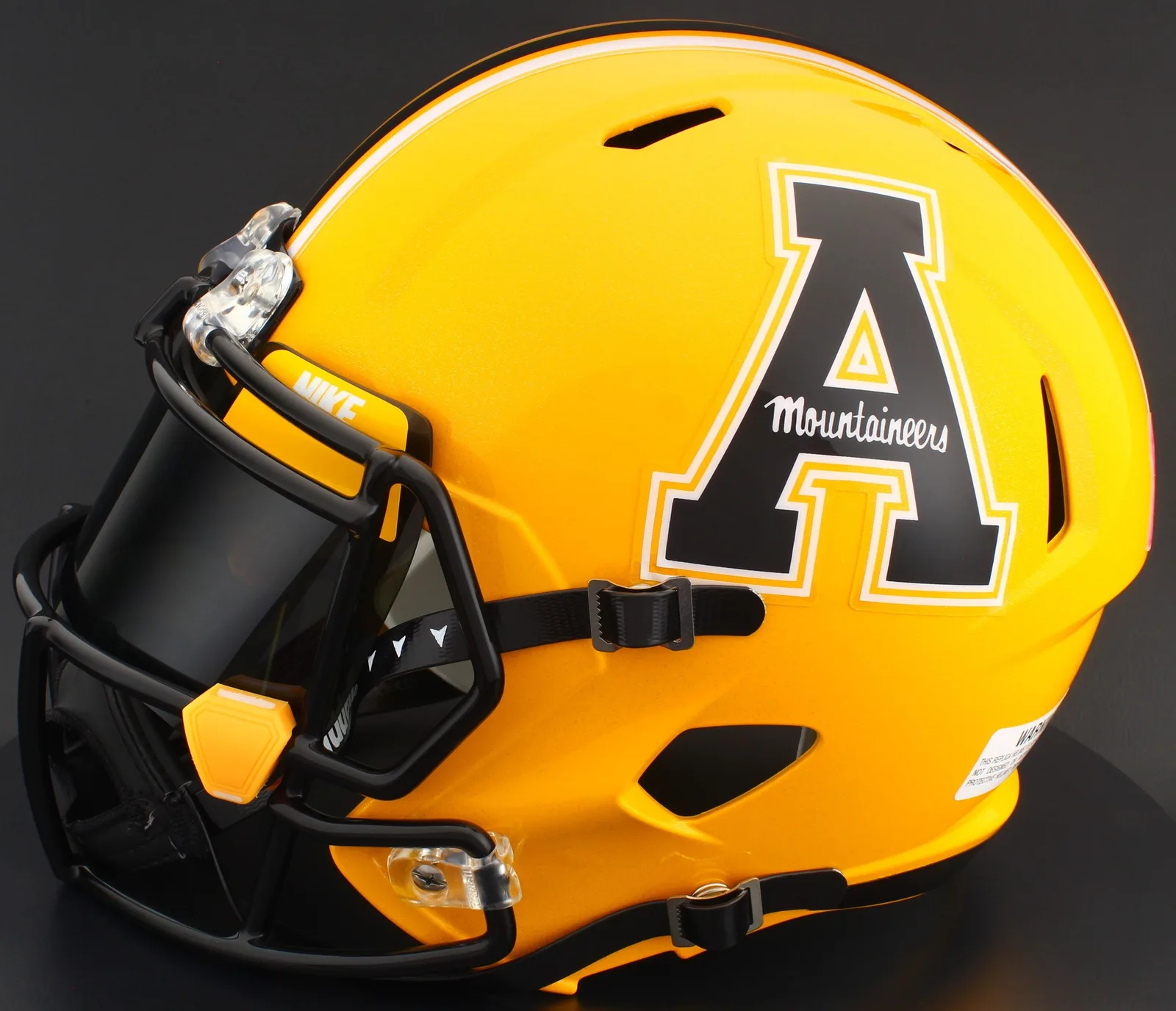 Appalachian State Mountaineers Riddell Replica Speed Football Helmet – Gold, Black Factory Mask, Nike Black Visor, Yellow Brow Tabs, and Yellow Clips