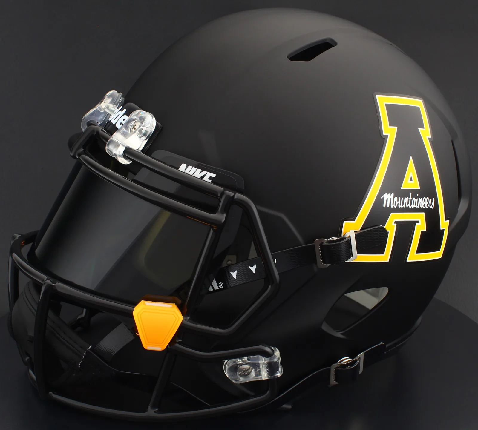 Appalachian State Mountaineers Riddell Replica Speed Football Helmet – Black Block A, Black Factory Mask, Nike Black Visor, Black Brow Tabs, and Yellow Clips