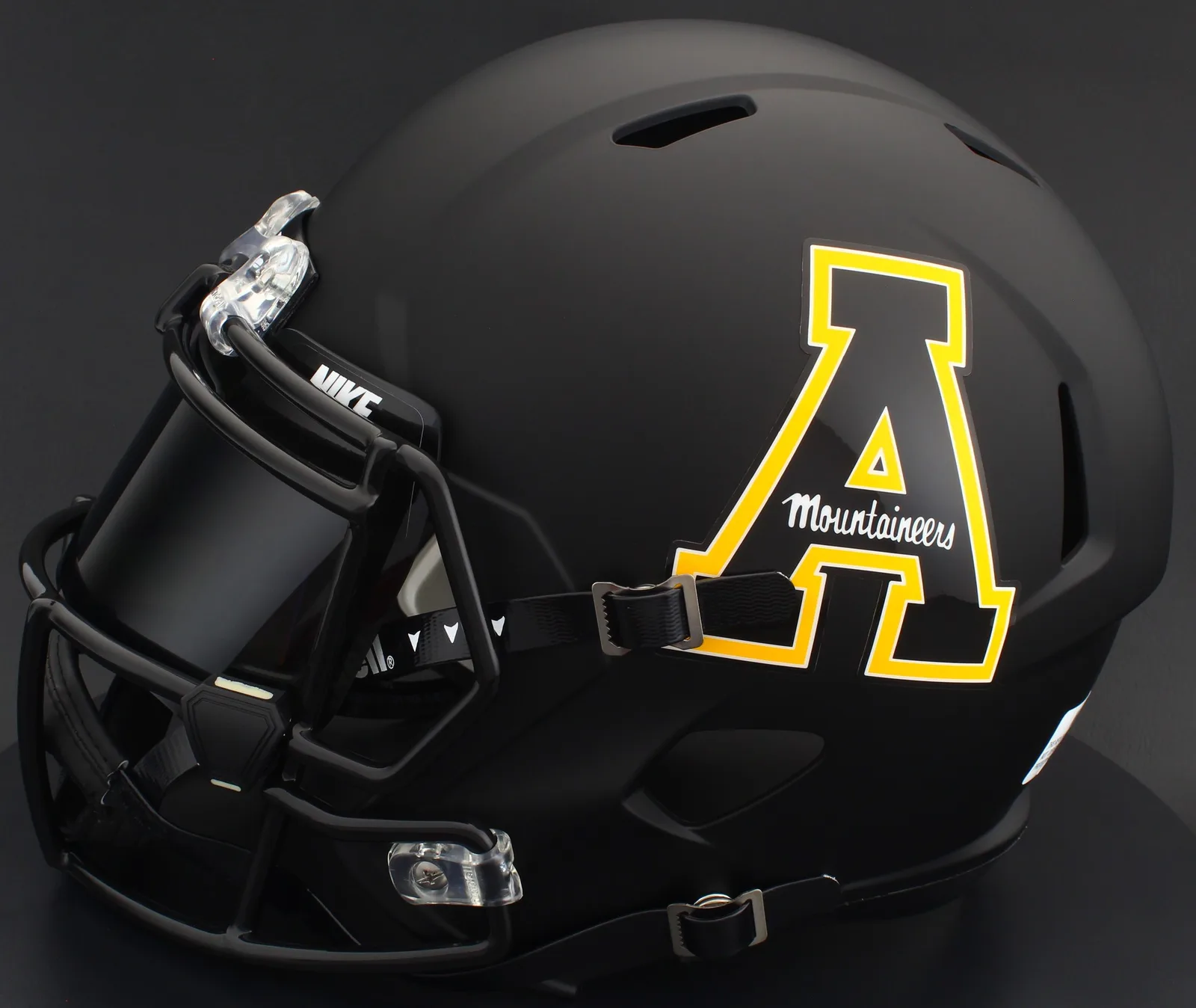 Appalachian State Mountaineers Riddell Replica Speed Football Helmet – Black Block A, Black Factory Mask, Nike Black Visor, Black Brow Tabs, and Black Clips